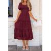 imagePRETTYGARDEN Womens 2025 Summer Casual Midi Dresses Square Neck Short Sleeve Smocked A Line Floral Flowy Elegant Boho DressWine Red