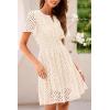 imagePRETTYGARDEN Womens 2025 Summer Short Dress V Neck Short Sleeve A Line Hollow Out Lace Ruffle Cute Casual Beach Party DressesBeige