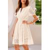 imagePRETTYGARDEN Womens 2025 Summer Short Dress V Neck Short Sleeve A Line Hollow Out Lace Ruffle Cute Casual Beach Party DressesBeige