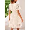 imagePRETTYGARDEN Womens 2025 Summer Short Dress V Neck Short Sleeve A Line Hollow Out Lace Ruffle Cute Casual Beach Party DressesBeige