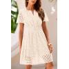 imagePRETTYGARDEN Womens 2025 Summer Short Dress V Neck Short Sleeve A Line Hollow Out Lace Ruffle Cute Casual Beach Party DressesBeige