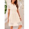 imagePRETTYGARDEN Womens 2025 Summer Short Dress V Neck Short Sleeve A Line Hollow Out Lace Ruffle Cute Casual Beach Party DressesBeige
