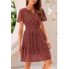 imagePRETTYGARDEN Womens 2025 Summer Short Dress V Neck Short Sleeve A Line Hollow Out Lace Ruffle Cute Casual Beach Party DressesBrown Red