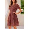 imagePRETTYGARDEN Womens 2025 Summer Short Dress V Neck Short Sleeve A Line Hollow Out Lace Ruffle Cute Casual Beach Party DressesBrown Red