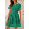 imagePRETTYGARDEN Womens 2025 Summer Short Dress V Neck Short Sleeve A Line Hollow Out Lace Ruffle Cute Casual Beach Party DressesDark Green