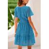 imagePRETTYGARDEN Womens 2025 Summer Short Dress V Neck Short Sleeve A Line Hollow Out Lace Ruffle Cute Casual Beach Party DressesLake Blue