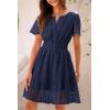 imagePRETTYGARDEN Womens 2025 Summer Short Dress V Neck Short Sleeve A Line Hollow Out Lace Ruffle Cute Casual Beach Party DressesNavy