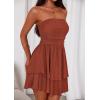 imagePRETTYGARDEN Womens 2025 Summer Strapless Tube Mini Dress Off Shoulder Smocked Ruffle A Line Flowy Short Party Club DressesBrick Red