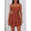 imagePRETTYGARDEN Womens 2025 Summer Strapless Tube Mini Dress Off Shoulder Smocked Ruffle A Line Flowy Short Party Club DressesBrick Red