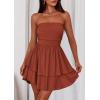 imagePRETTYGARDEN Womens 2025 Summer Strapless Tube Mini Dress Off Shoulder Smocked Ruffle A Line Flowy Short Party Club DressesBrick Red