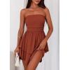 imagePRETTYGARDEN Womens 2025 Summer Strapless Tube Mini Dress Off Shoulder Smocked Ruffle A Line Flowy Short Party Club DressesBrick Red