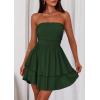 imagePRETTYGARDEN Womens 2025 Summer Strapless Tube Mini Dress Off Shoulder Smocked Ruffle A Line Flowy Short Party Club DressesDark Green