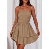 imagePRETTYGARDEN Womens 2025 Summer Strapless Tube Mini Dress Off Shoulder Smocked Ruffle A Line Flowy Short Party Club DressesKhaki