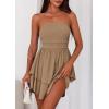 imagePRETTYGARDEN Womens 2025 Summer Strapless Tube Mini Dress Off Shoulder Smocked Ruffle A Line Flowy Short Party Club DressesKhaki