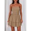 imagePRETTYGARDEN Womens 2025 Summer Strapless Tube Mini Dress Off Shoulder Smocked Ruffle A Line Flowy Short Party Club DressesKhaki
