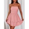 imagePRETTYGARDEN Womens 2025 Summer Strapless Tube Mini Dress Off Shoulder Smocked Ruffle A Line Flowy Short Party Club DressesPink