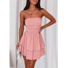 imagePRETTYGARDEN Womens 2025 Summer Strapless Tube Mini Dress Off Shoulder Smocked Ruffle A Line Flowy Short Party Club DressesPink