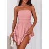 imagePRETTYGARDEN Womens 2025 Summer Strapless Tube Mini Dress Off Shoulder Smocked Ruffle A Line Flowy Short Party Club DressesPink