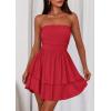 imagePRETTYGARDEN Womens 2025 Summer Strapless Tube Mini Dress Off Shoulder Smocked Ruffle A Line Flowy Short Party Club DressesRed