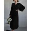 imagePRETTYGARDEN Womens Spring Midi Dress Long Puff Sleeve Wrap V Neck Flowy Ruffle Pleated Casual Fall DressesBlack