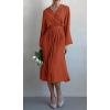 imagePRETTYGARDEN Womens Spring Midi Dress Long Puff Sleeve Wrap V Neck Flowy Ruffle Pleated Casual Fall DressesBrick Red