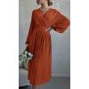 imagePRETTYGARDEN Womens Spring Midi Dress Long Puff Sleeve Wrap V Neck Flowy Ruffle Pleated Casual Fall DressesBrick Red