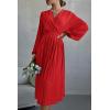 imagePRETTYGARDEN Womens Spring Midi Dress Long Puff Sleeve Wrap V Neck Flowy Ruffle Pleated Casual Fall DressesBright Red