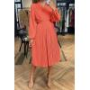 imagePRETTYGARDEN Womens Spring Midi Dress Long Puff Sleeve Wrap V Neck Flowy Ruffle Pleated Casual Fall DressesOrange