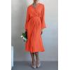 imagePRETTYGARDEN Womens Spring Midi Dress Long Puff Sleeve Wrap V Neck Flowy Ruffle Pleated Casual Fall DressesOrange