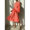 imagePRETTYGARDEN Womens Spring Midi Dress Long Puff Sleeve Wrap V Neck Flowy Ruffle Pleated Casual Fall DressesOrange
