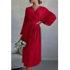 imagePRETTYGARDEN Womens Spring Midi Dress Long Puff Sleeve Wrap V Neck Flowy Ruffle Pleated Casual Fall DressesRed