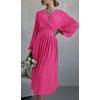 imagePRETTYGARDEN Womens Spring Midi Dress Long Puff Sleeve Wrap V Neck Flowy Ruffle Pleated Casual Fall DressesRose Red