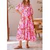 imagePRETTYGARDEN Womens Summer Beach Maxi Dress Short Sleeve Buttons Tiered Ruffle A Line Swing DressesFloral Pink Red