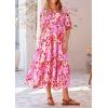 imagePRETTYGARDEN Womens Summer Beach Maxi Dress Short Sleeve Buttons Tiered Ruffle A Line Swing DressesFloral Pink Red