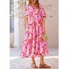 imagePRETTYGARDEN Womens Summer Beach Maxi Dress Short Sleeve Buttons Tiered Ruffle A Line Swing DressesFloral Pink Red