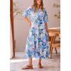 imagePRETTYGARDEN Womens Summer Beach Maxi Dress Short Sleeve Buttons Tiered Ruffle A Line Swing DressesFloral White Blue
