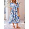 imagePRETTYGARDEN Womens Summer Beach Maxi Dress Short Sleeve Buttons Tiered Ruffle A Line Swing DressesFloral White Blue