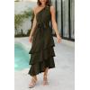 imagePRETTYGARDEN Womens Summer Floral Sundress Casual One Shoulder Tiered Ruffle Flowy Midi Beach Boho DressesSwiss Dot Army Green
