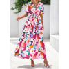 imagePRETTYGARDEN Womens Summer Maxi Dress 2025 Resort Wear Boho Floral V Neck Puff Short Sleeve Ruffle Flowy Beach Long DressesApricot Rose Red Flower