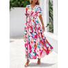 imagePRETTYGARDEN Womens Summer Maxi Dress 2025 Resort Wear Boho Floral V Neck Puff Short Sleeve Ruffle Flowy Beach Long DressesApricot Rose Red Flower