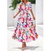 imagePRETTYGARDEN Womens Summer Maxi Dress 2025 Resort Wear Boho Floral V Neck Puff Short Sleeve Ruffle Flowy Beach Long DressesApricot Rose Red Flower