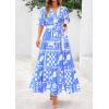 imagePRETTYGARDEN Womens Summer Maxi Dress 2025 Resort Wear Boho Floral V Neck Puff Short Sleeve Ruffle Flowy Beach Long DressesBlue Flower