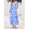 imagePRETTYGARDEN Womens Summer Maxi Dress 2025 Resort Wear Boho Floral V Neck Puff Short Sleeve Ruffle Flowy Beach Long DressesBlue Flower
