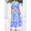 imagePRETTYGARDEN Womens Summer Maxi Dress 2025 Resort Wear Boho Floral V Neck Puff Short Sleeve Ruffle Flowy Beach Long DressesBlue Flower