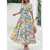 imagePRETTYGARDEN Womens Summer Maxi Dress 2025 Resort Wear Boho Floral V Neck Puff Short Sleeve Ruffle Flowy Beach Long DressesBlue Yellow Flower
