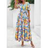 imagePRETTYGARDEN Womens Summer Maxi Dress 2025 Resort Wear Boho Floral V Neck Puff Short Sleeve Ruffle Flowy Beach Long DressesBlue Yellow Flower