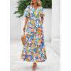 imagePRETTYGARDEN Womens Summer Maxi Dress 2025 Resort Wear Boho Floral V Neck Puff Short Sleeve Ruffle Flowy Beach Long DressesBlue Yellow Flower