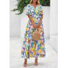 imagePRETTYGARDEN Womens Summer Maxi Dress 2025 Resort Wear Boho Floral V Neck Puff Short Sleeve Ruffle Flowy Beach Long DressesBlue Yellow Flower