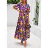 imagePRETTYGARDEN Womens Summer Maxi Dress 2025 Resort Wear Boho Floral V Neck Puff Short Sleeve Ruffle Flowy Beach Long DressesDark Blue Multi Floral