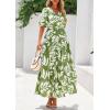 imagePRETTYGARDEN Womens Summer Maxi Dress 2025 Resort Wear Boho Floral V Neck Puff Short Sleeve Ruffle Flowy Beach Long DressesLeaves Light Green